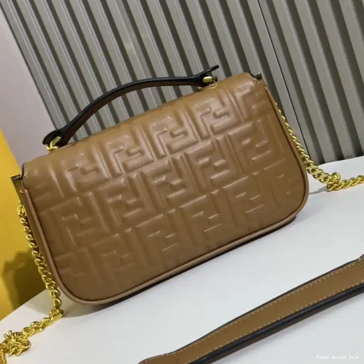 Cheap Chain Fendi FF Midi Bag Nappa In Motif Leather Brown Baguette 0609